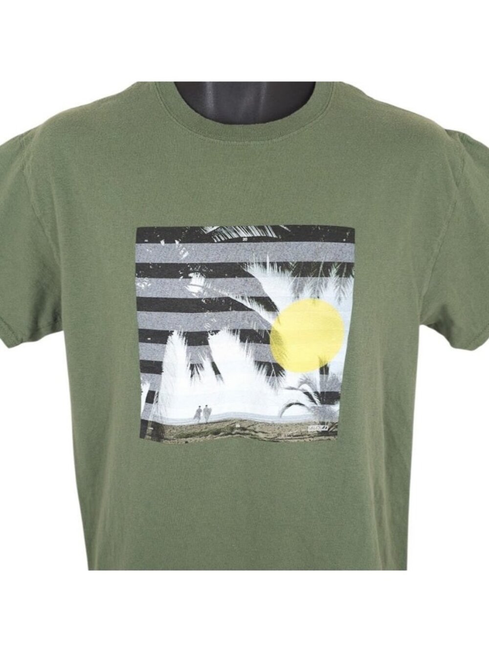 Surfing T Shirt Mens Size Medium Green Beach Palm Trees Surfer Made In USA